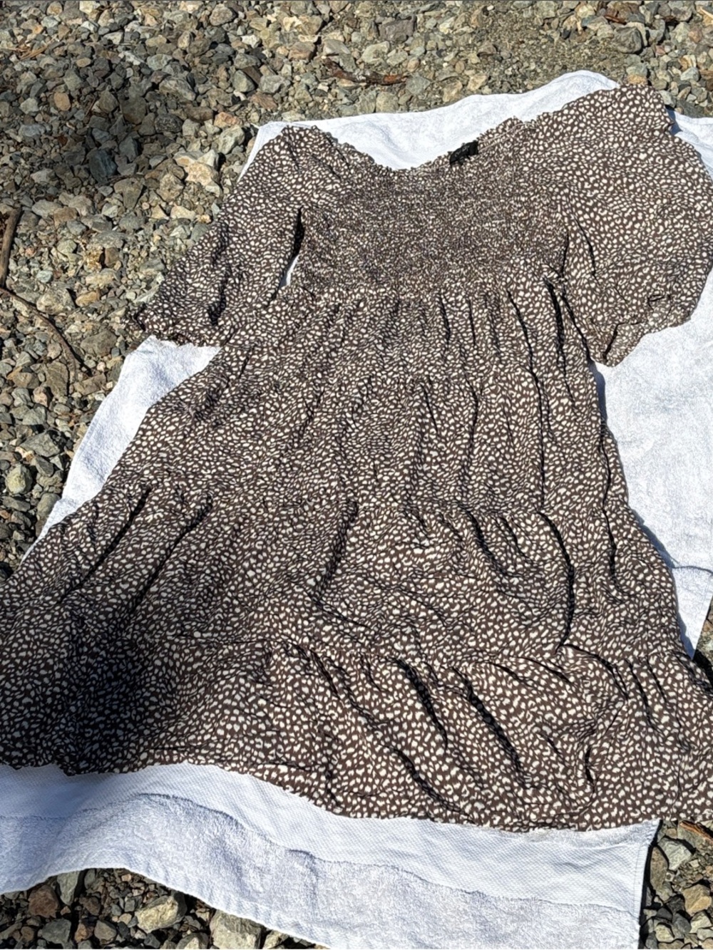 ODDY Brown Printed Smocked Tiered Midi Dress